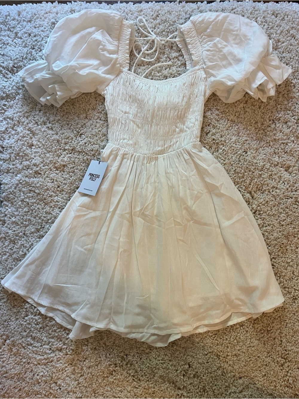 Princess Polly White Puff-Sleeve Smocked Dress with Open Back